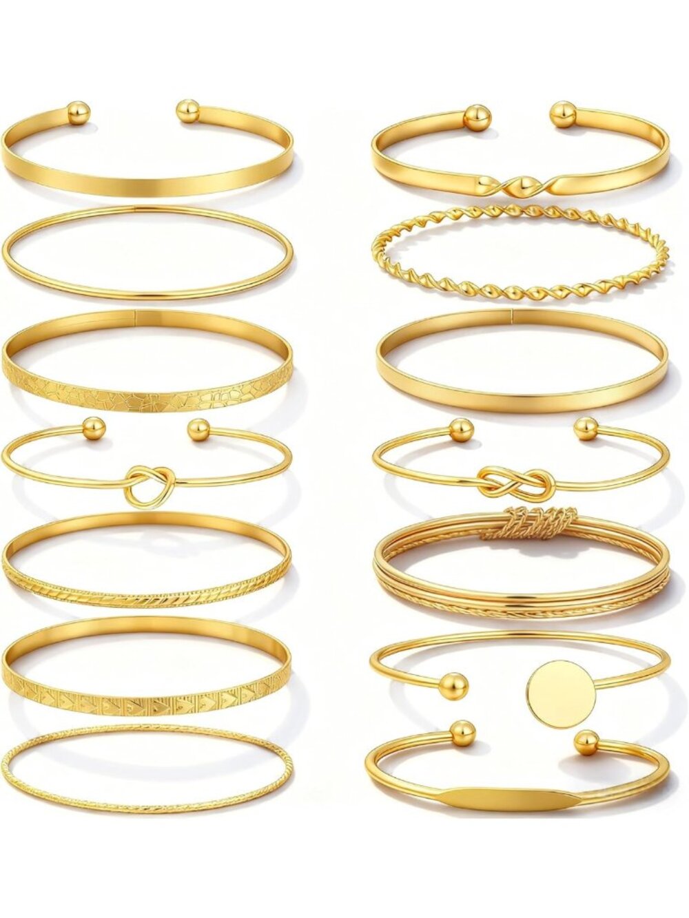 14-Piece Gold Bangle Bracelet Set for Women, Stackable Textured Boho Jewelry